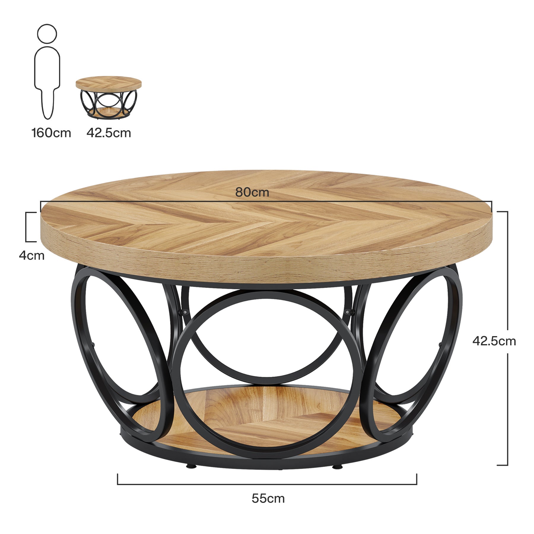 Tribesigns Table basse ronde 80 cm style ferme, rangement 2 niveaux, cadre en métal, grain de bois marron
