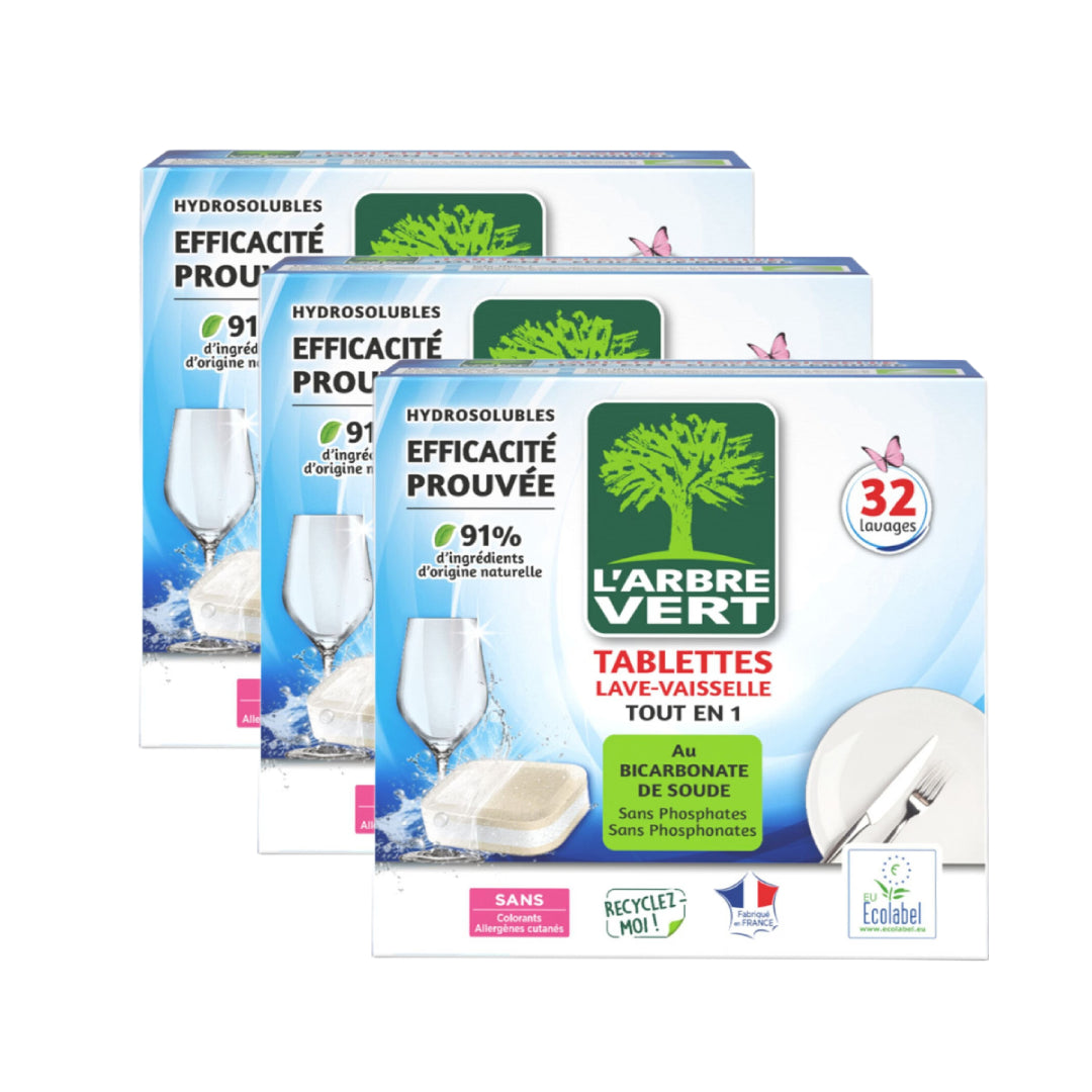 L'Arbre Vert Tablettes Lave-Vaisselle Tout-en-1 au Bicarbonate de Soude, Sans Parfum, 3 x 32 Tablettes (= 96 Tablettes), 96 Lavages