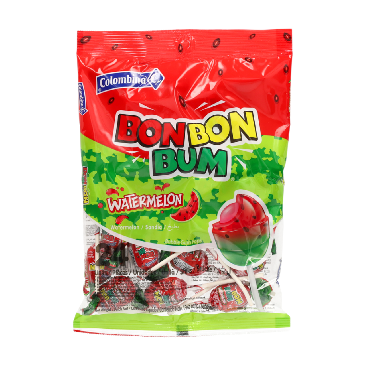 Colombina Bon Bon Bum Sucettes saveur pastèque avec chewing-gum - 408 g