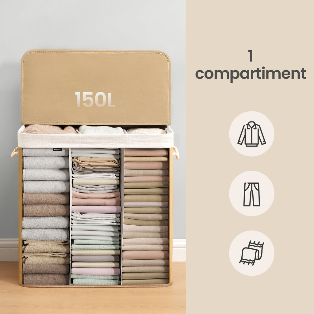 JOYFURNOS Grand Panier à Linge en Bambou, Panier à Linge Pliable à 3 Compartiments avec Couvercle, Sac Intérieur Amovible, Naturel