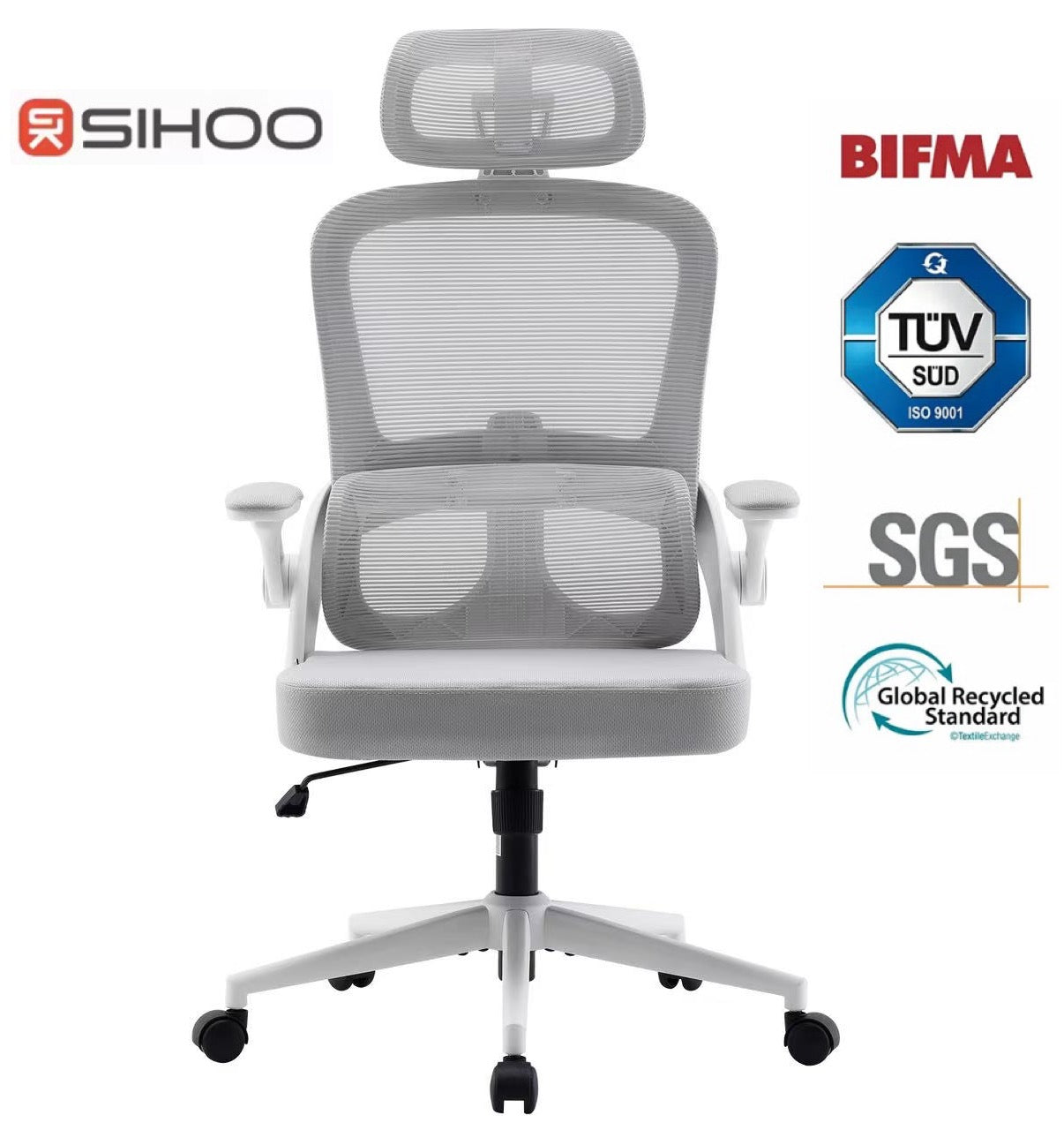 SIHOO M102C Chaise de bureau ergonomique en maille, haut dossier avec accoudoirs 3D, soutien lombaire réglable haut/bas, chaise de travail informatique pivotante, cadre blanc et maille gris clair