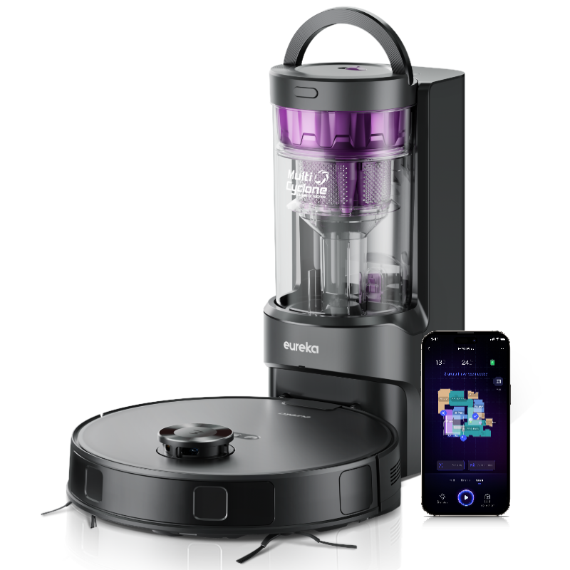 Eureka E20 Plus Aspirateur Robot avec Puissance d'Aspiration de 8000 Pa, Station de Vidage Automatique, Fonction Anti-Emmêlement, Évitement d'Obstacles 3D, Autonomie de 180 Minutes, DuoDetect IA, Noir