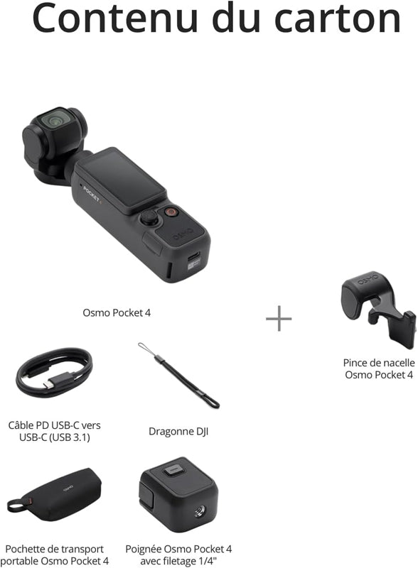 DJI Osmo Pocket 4 Standard Combo Caméra de poche sur stabilisateur, CMOS 1 pouce, 4K/240 ips, stabilisation 3 axes, stockage intégré 107 Go, Noir