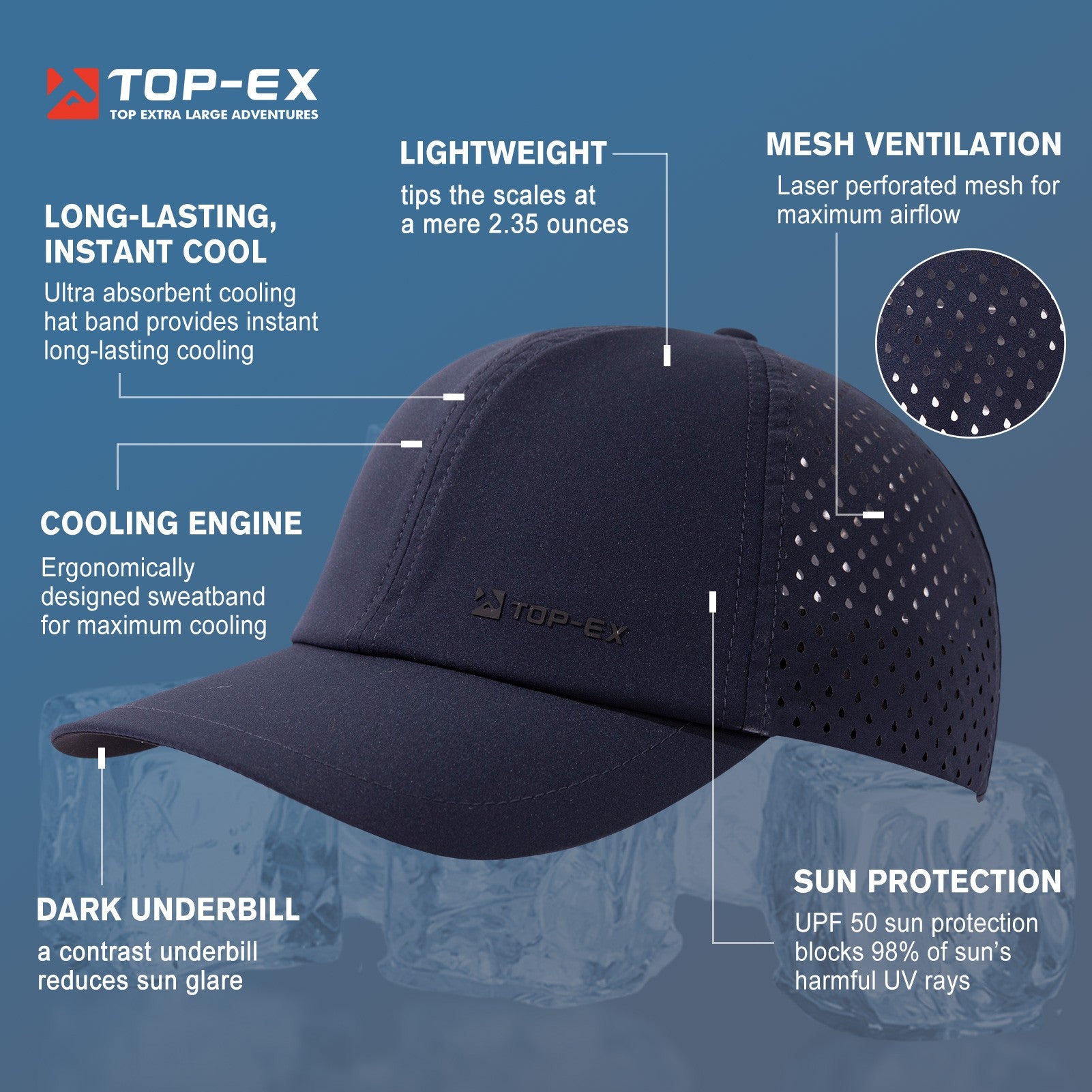 TOP-EX Casquette de baseball de course non structurée en mesh respirant, séchage rapide, bandeau anti-transpiration rafraîchissant M/L Bleu marine