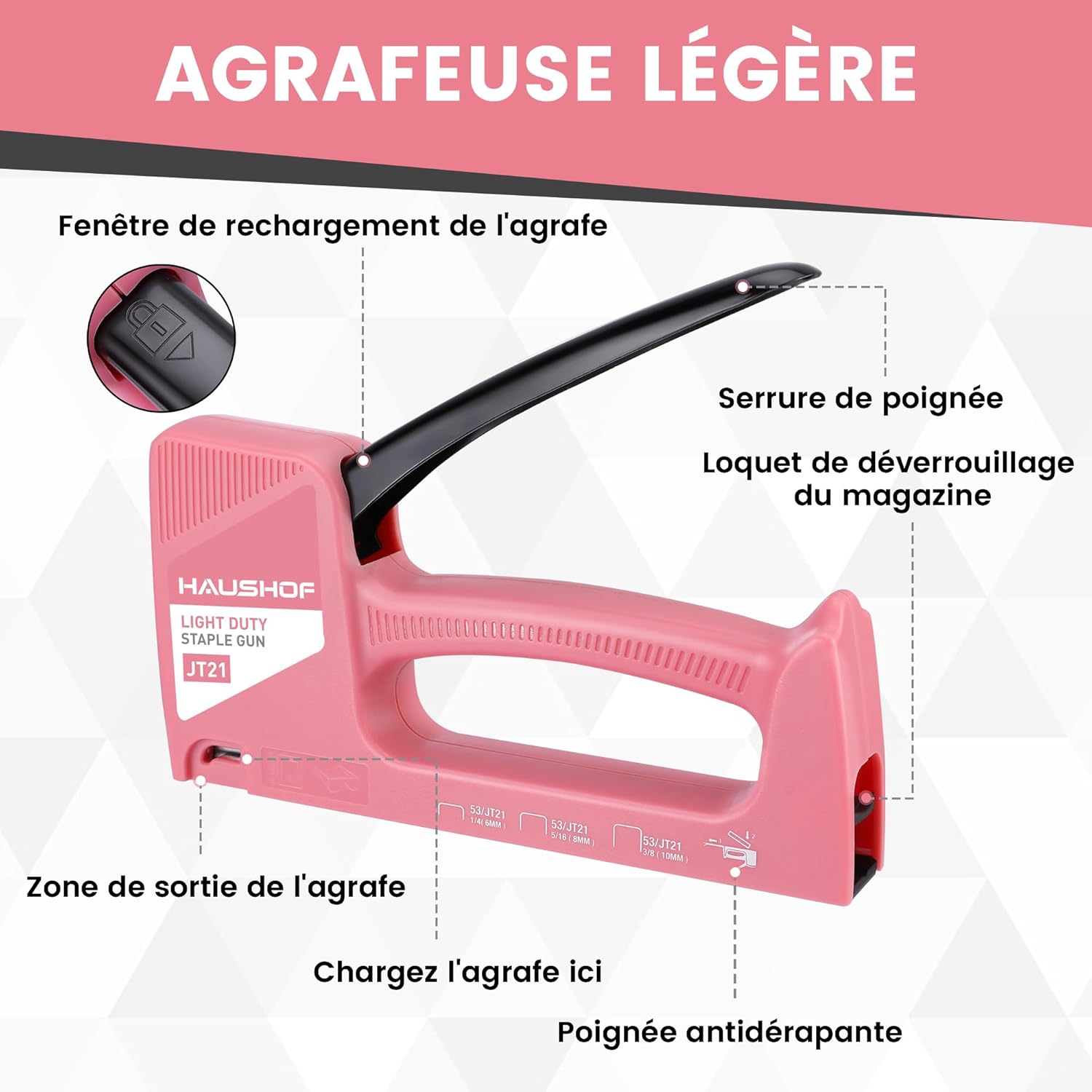 HAUSHOF Agrafeuse manuelle rose pour tapisserie, agrafeuse à bois pour agrafes type 53, avec 800 agrafes 8 mm et extracteur d'agrafes pour bois, tissu, meubles