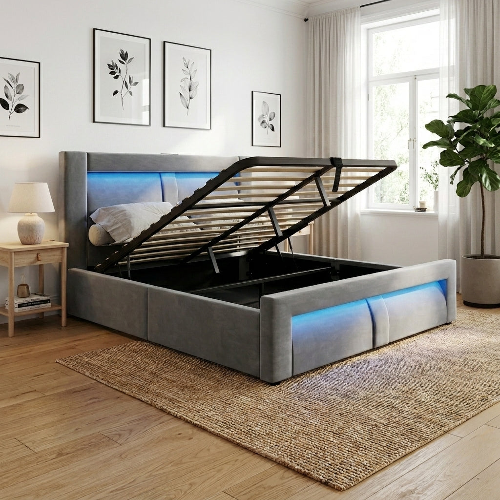 URBAN MEUBLE Lit double 140x200 cm en velours avec rangement, mécanisme de levage hydraulique, éclairage LED, ports USB et Type-C, tête de lit incurvée, gris, sans matelas