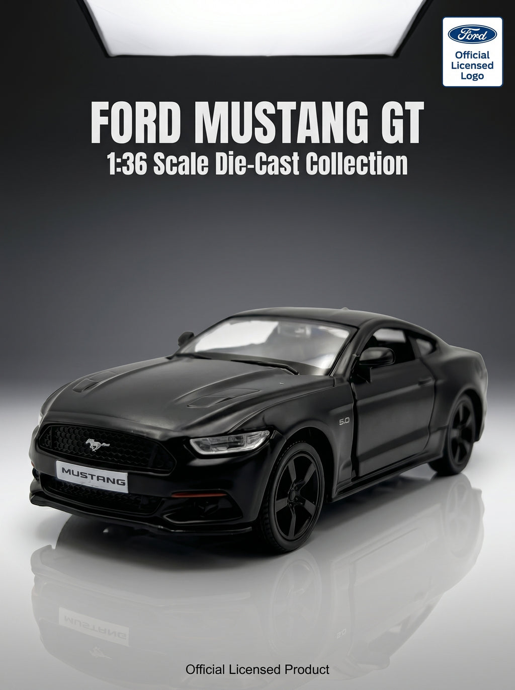Voiture miniature Ford Mustang à l’échelle 1:36, en alliage noir, avec portes ouvrantes et mécanisme à ressort – Jouet pour enfants, idée cadeau