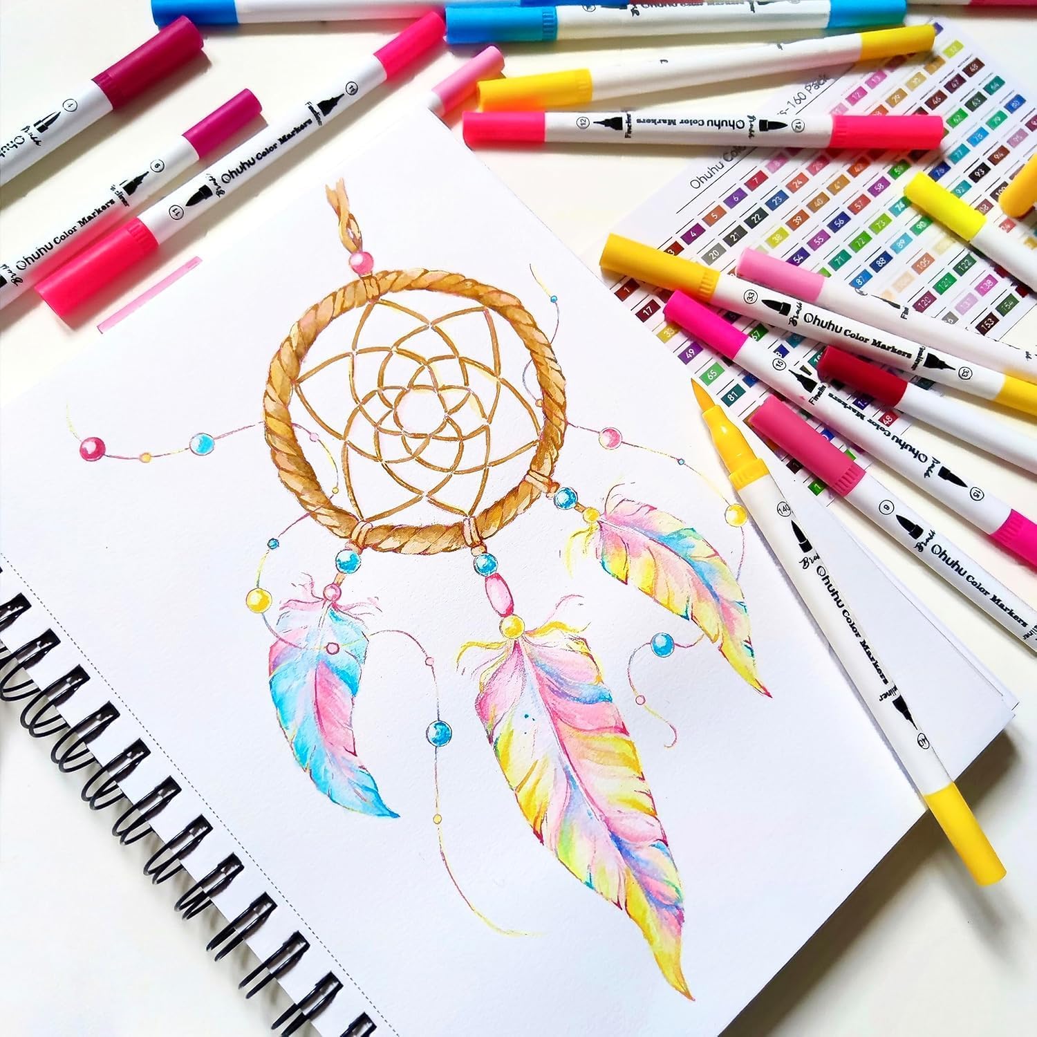 Ohuhu Maui stylos pinceaux double pointe - Ensemble de marqueurs d'art 100 couleurs avec fineliner, étui de rangement blanc