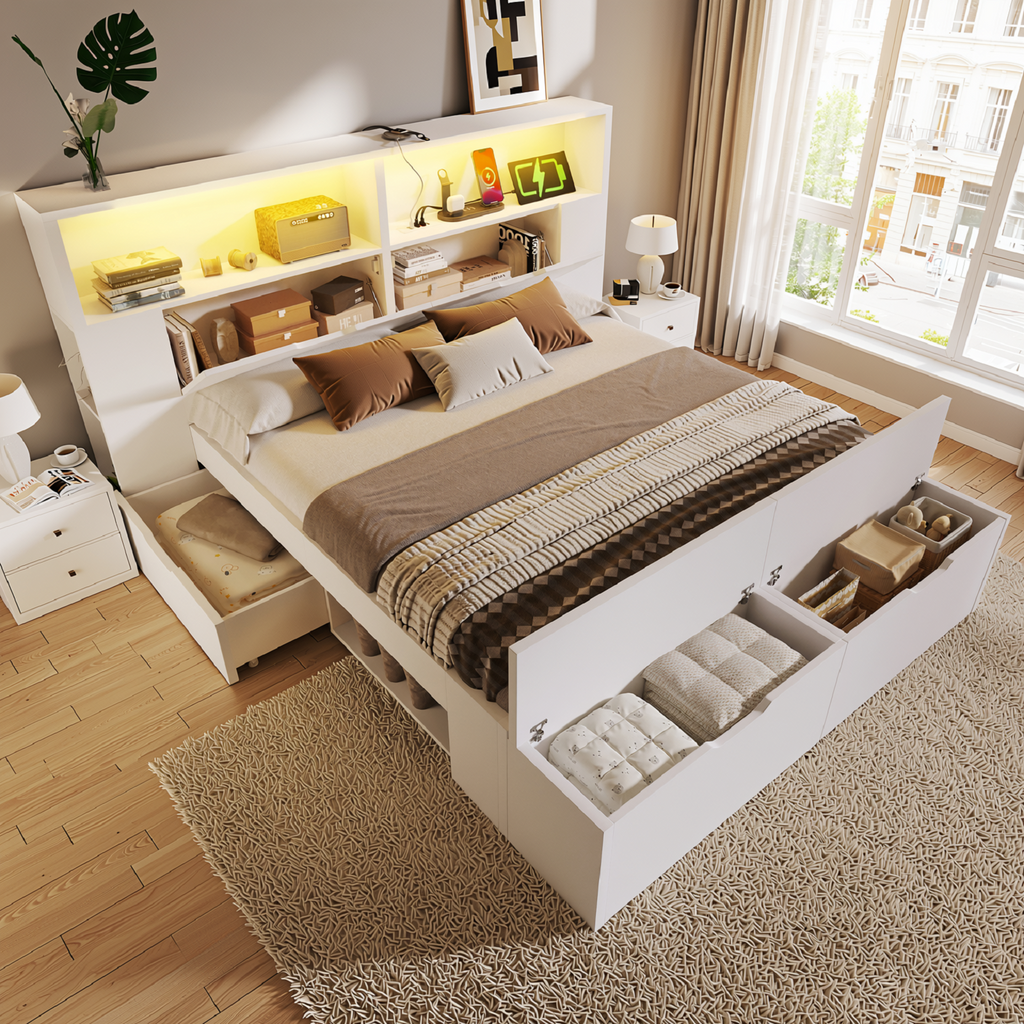URBAN MEUBLE Lit double 140 x 200 cm blanc avec rangement, éclairage LED, prises USB, tiroirs, banc, étagères, sommier à lattes pour chambre d'adolescent