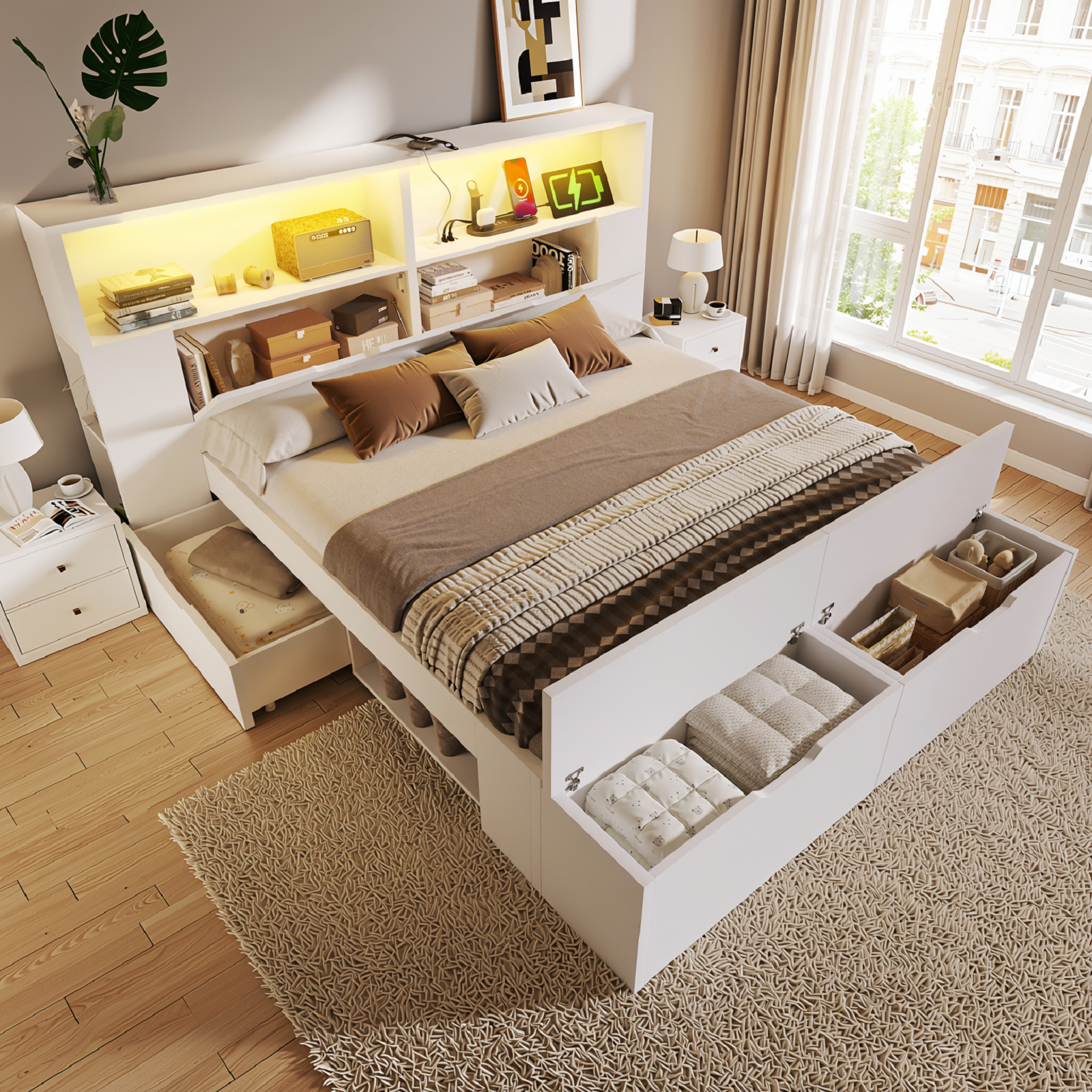 URBAN MEUBLE Lit double 140 x 200 cm blanc avec rangement, éclairage LED, prises USB, tiroirs, banc, étagères, sommier à lattes pour chambre d'adolescent