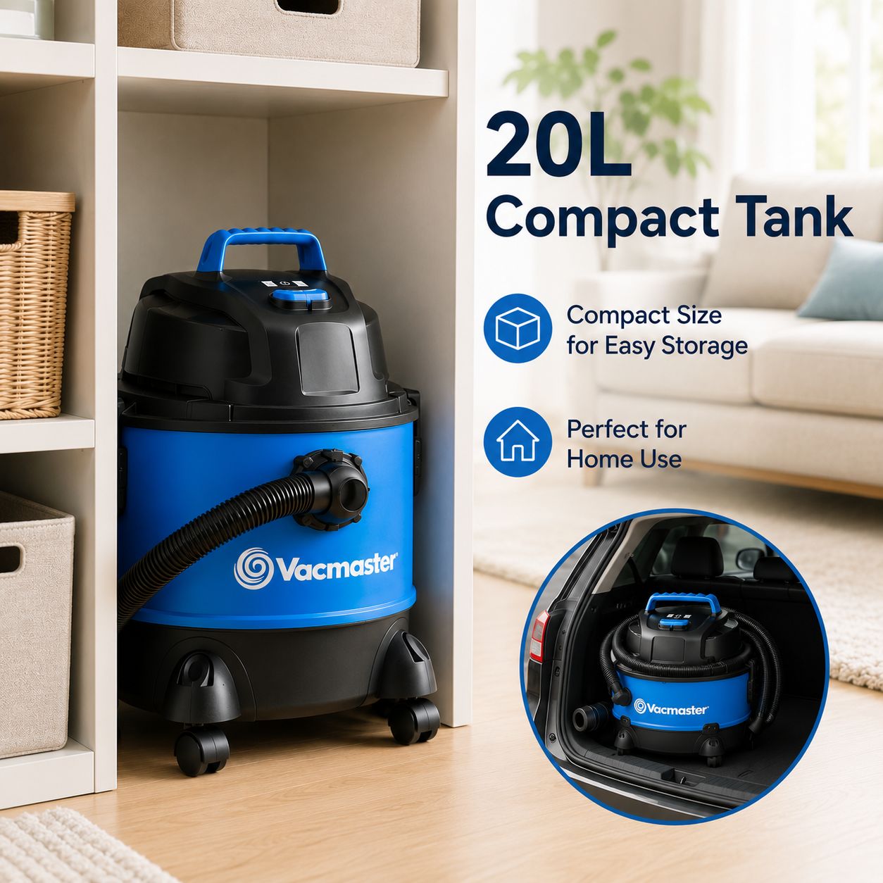 Vacmaster VQ1220PF Aspirateur Eau et Poussière 3-en-1 avec Soufflerie, Moteur 1250 W, Puissance d’Aspiration 200 AW, Cuve Antichoc 20 L, Compact pour Maison, Garage et Voiture