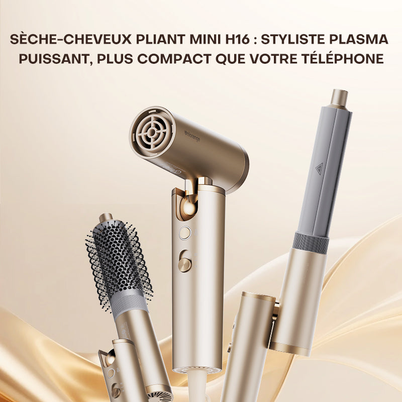 Uniorange H16 Sèche-cheveux portable pliable haute vitesse, moteur 110 000 tr/min, technologie bouclier ionique 1 milliard+, avec 4 buses de coiffage - Doré