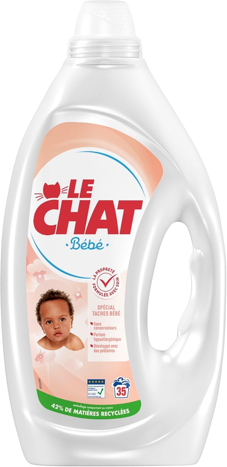 LE CHAT Lessive liquide pour bébé, Peaux sensibles, Certifié ECARF, 35 lavages, 1,575 L