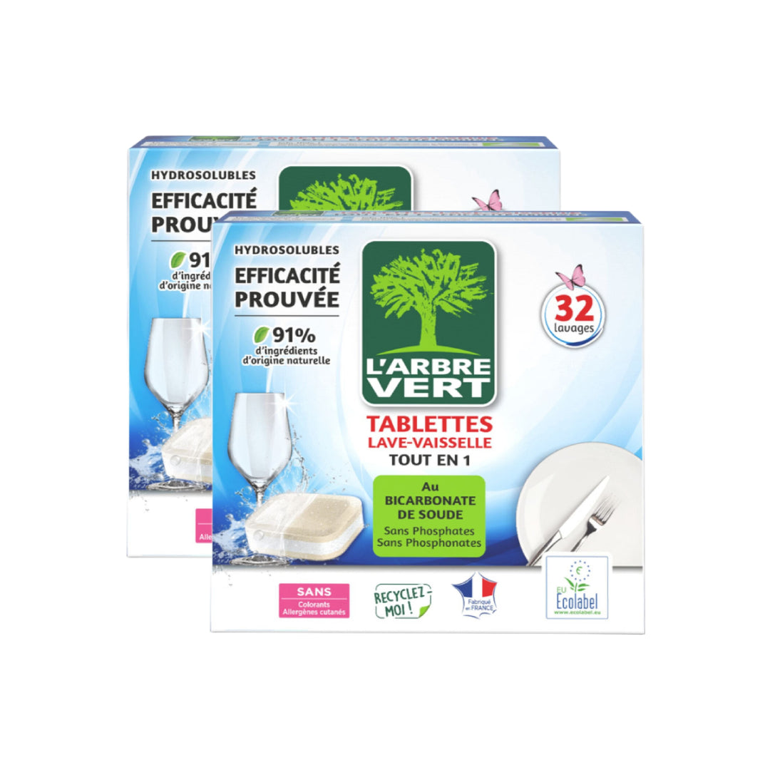 L'Arbre Vert Tablettes Lave-Vaisselle Tout-en-1 au Bicarbonate de Soude, Sans Parfum, 2 x 32 Tablettes (= 64 Tablettes), 64 Lavages
