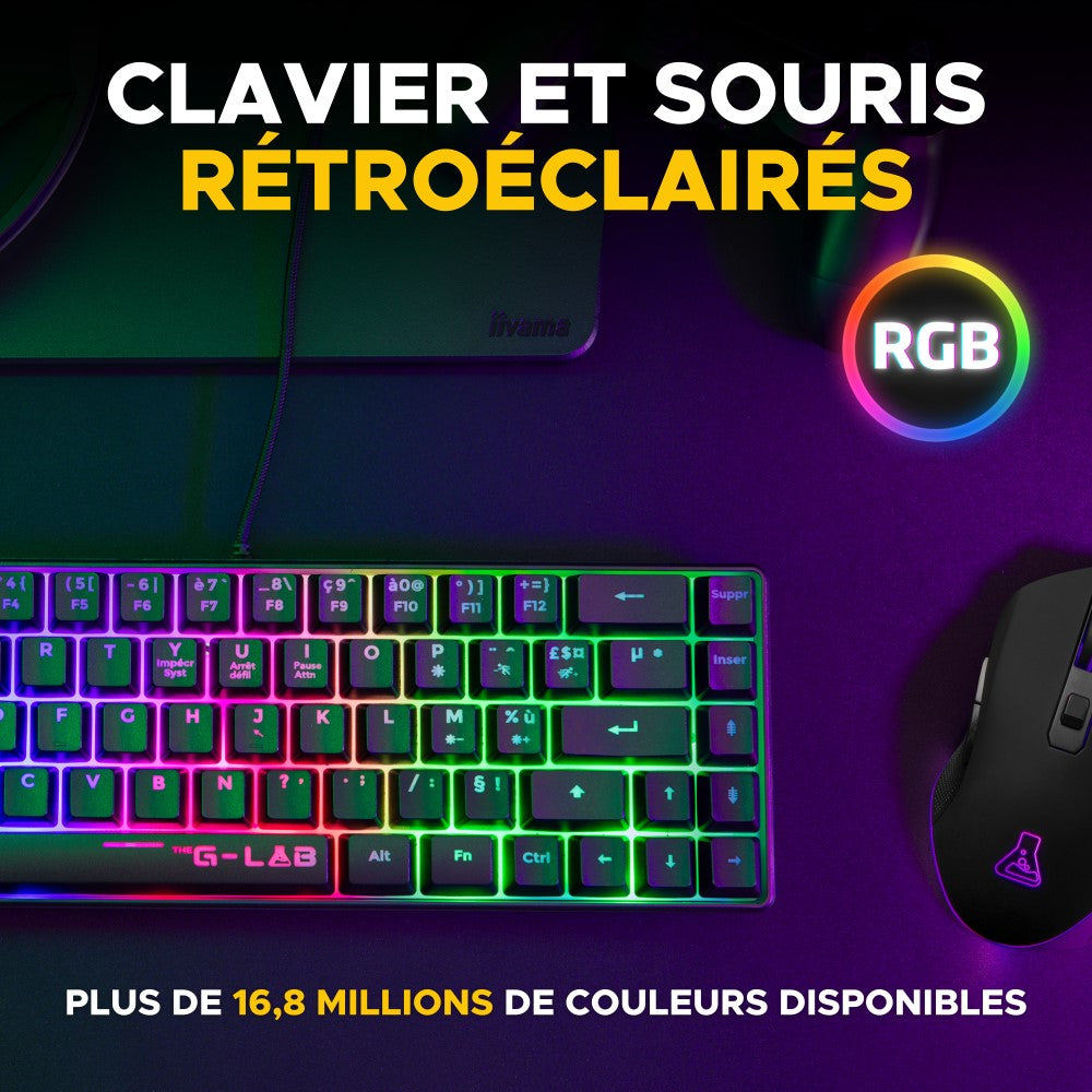 THE G-LAB Hydrogen Combo Set Clavier et Souris Gaming Filaire - AZERTY, 7200 DPI, 6 Boutons - Noir