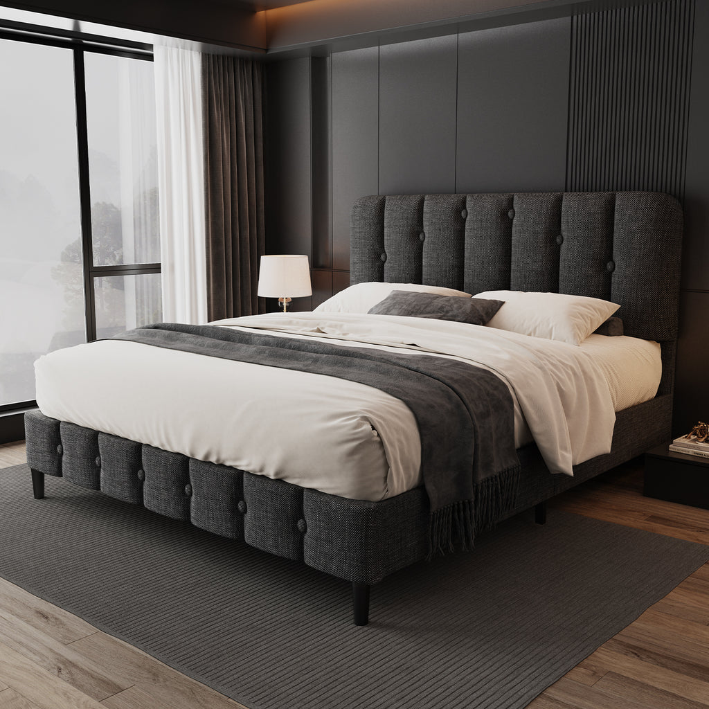 GTIMEX Lit capitonné 212,5 x 145 x 110 cm avec sommier à lattes, Capacité de charge statique : 390 kg, Lit double avec tête de lit rembourrée, Montage facile, Cadre robuste et tissu en lin de haute qualité, Gris foncé