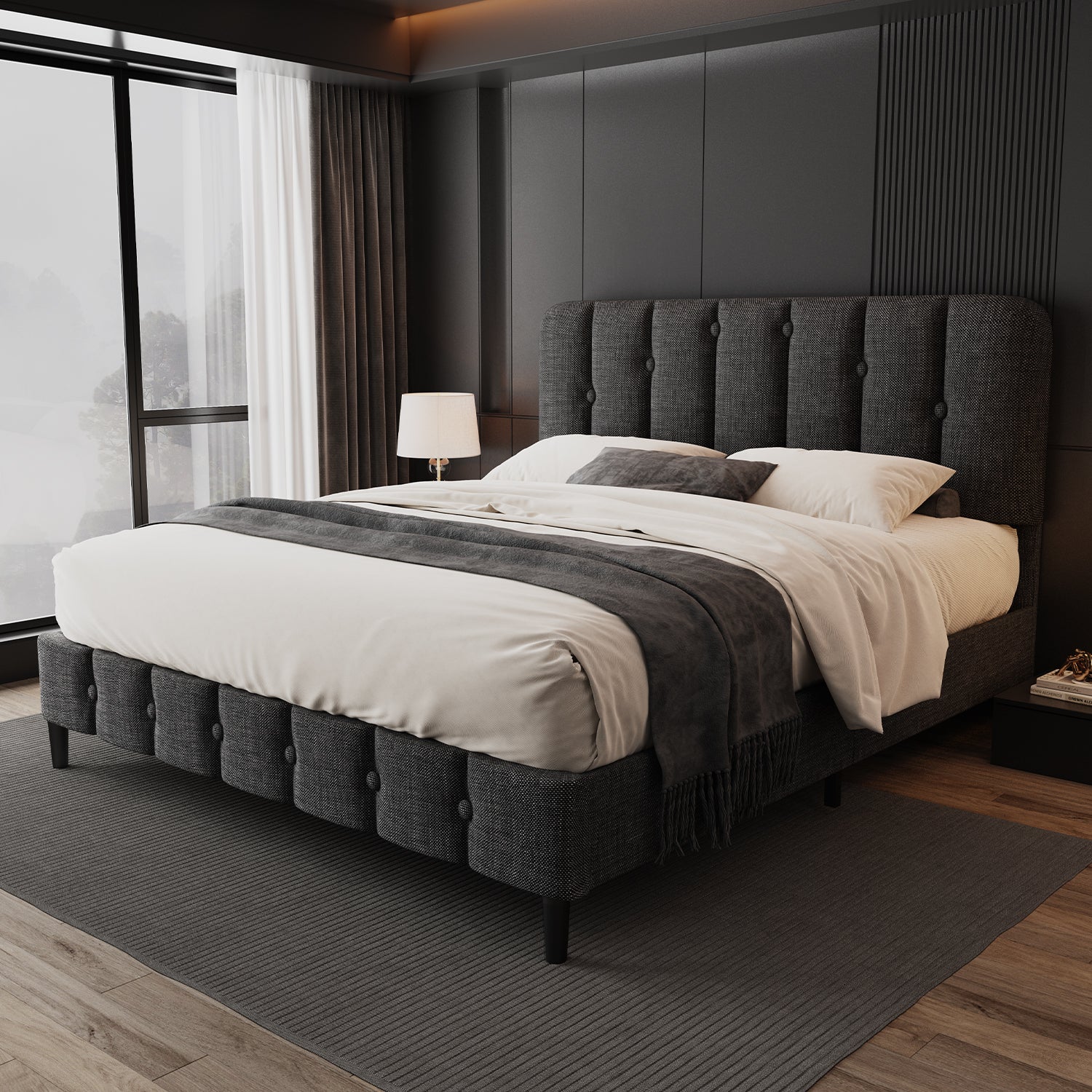 GTIMEX Lit capitonné 212,5 x 145 x 110 cm avec sommier à lattes, Capacité de charge statique : 390 kg, Lit double avec tête de lit rembourrée, Montage facile, Cadre robuste et tissu en lin de haute qualité, Gris foncé