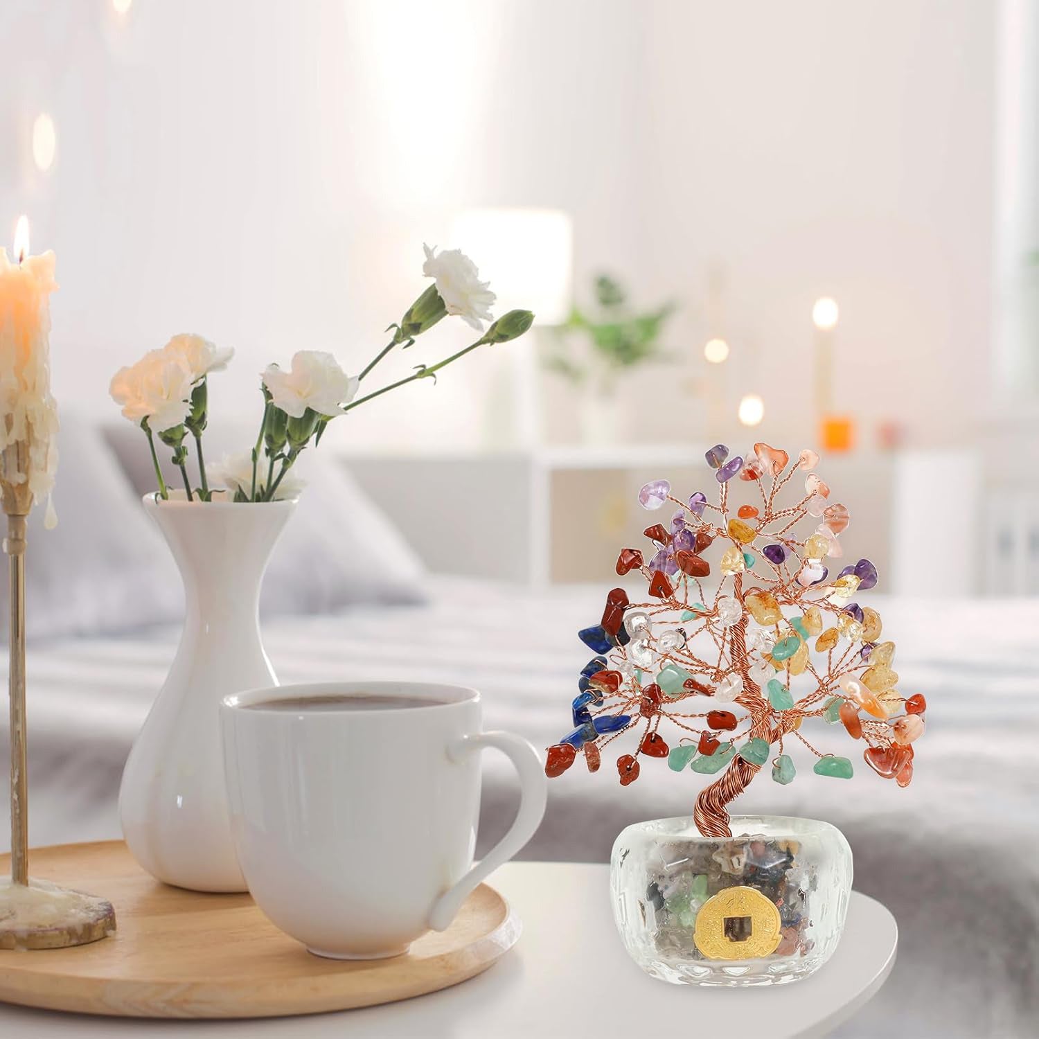 Ju7cer 1 pc Arbre Porte-Monnaie : Base en Cristal Bol à Pièces en Alliage et Diamants, Arbre de Richesse en Pierres Précieuses, Cadeau de Noël Porte-Bonheur, Décoration pour Bureau