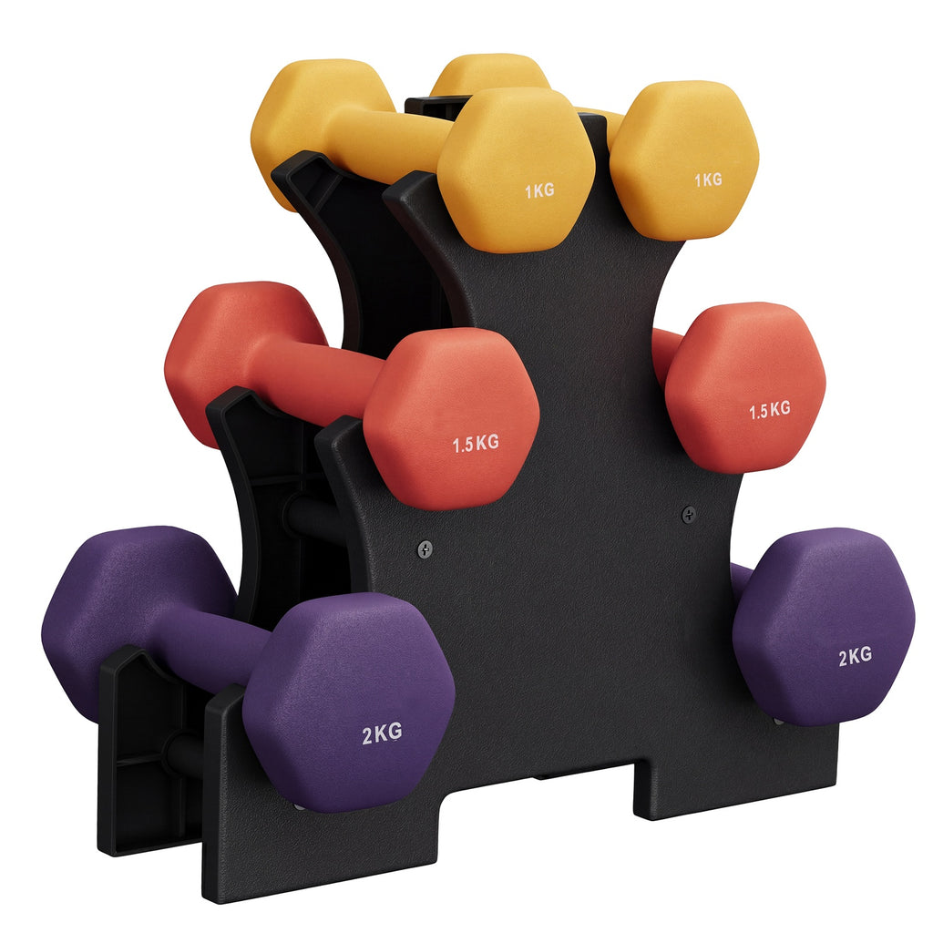 JOYFURNOSSet d’haltères en néoprène avec support, 2 x 1 kg, 2 x 1,5 kg, 2 x 2 kg, pour entraînement Jaune, Orange et Violet