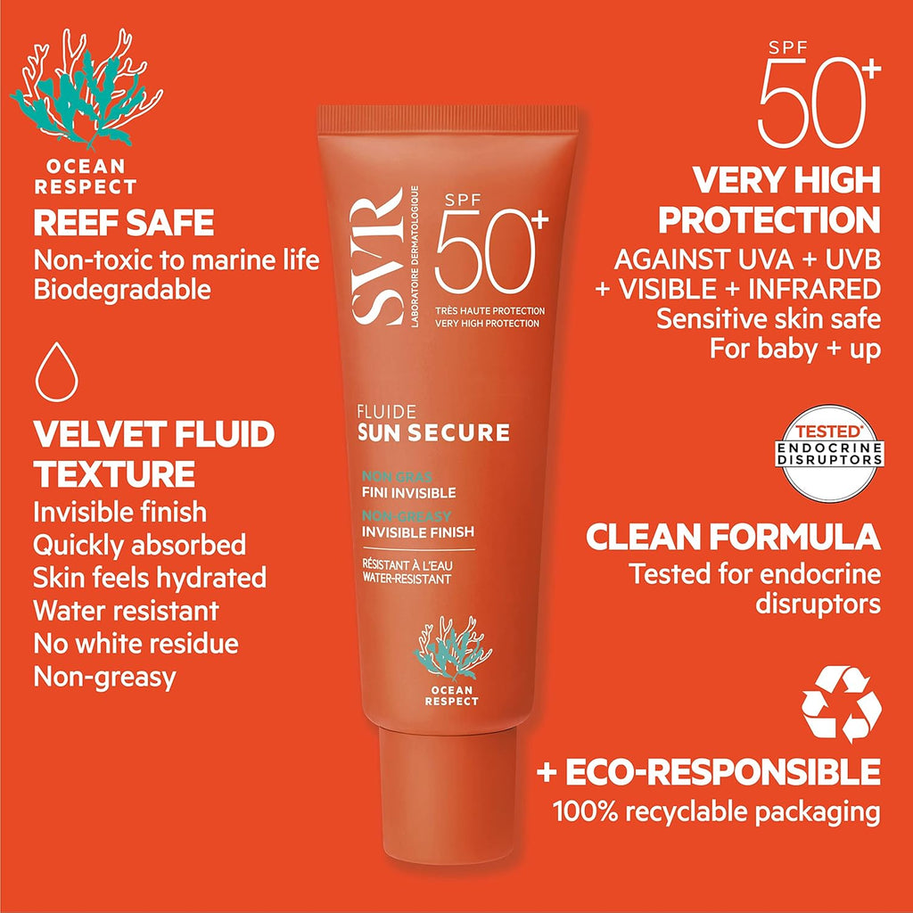 SVR Sun Secure Fluide solaire SPF 50+, haute protection UVA/UVB/IR/lumière visible, sans parfum, niacinamide et vitamine E, 50 ml