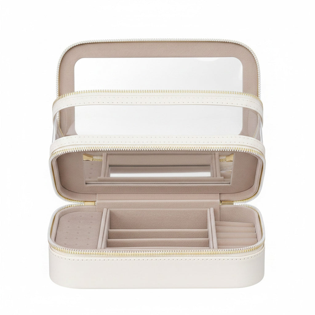 JOYFURNOS Organisateur de Cosmétiques avec Miroir, Mallette de Maquillage de Voyage, Rangement pour Bijoux, Trousse de Pinceaux Portable, Cadeau pour Femme, Blanc