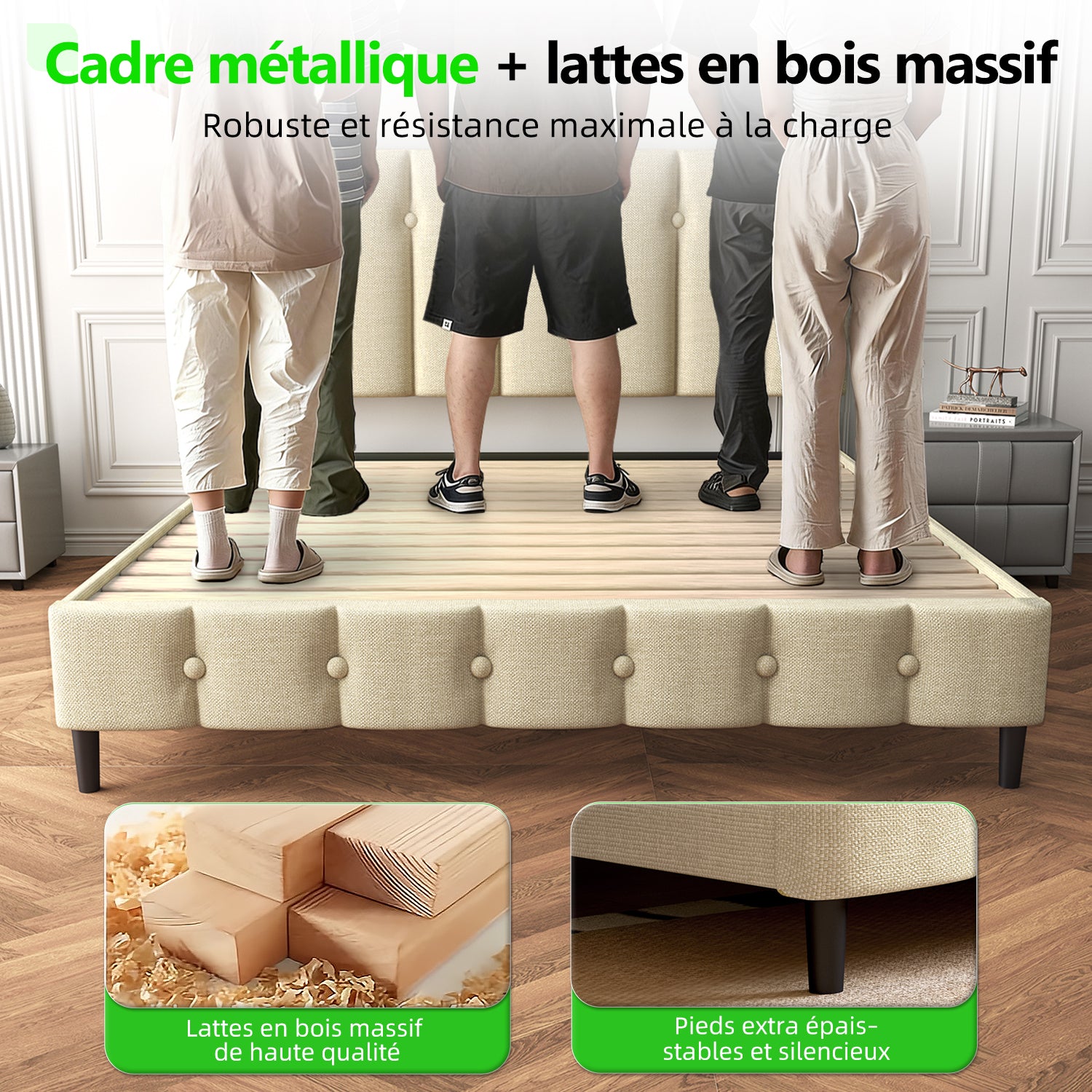 GTIMEX Lit capitonné 212,5 x 145 x 110 cm avec sommier à lattes, Capacité de charge statique : 390 kg, Lit double avec tête de lit rembourrée, Montage facile, Cadre robuste et tissu en lin de haute qualité, Beige