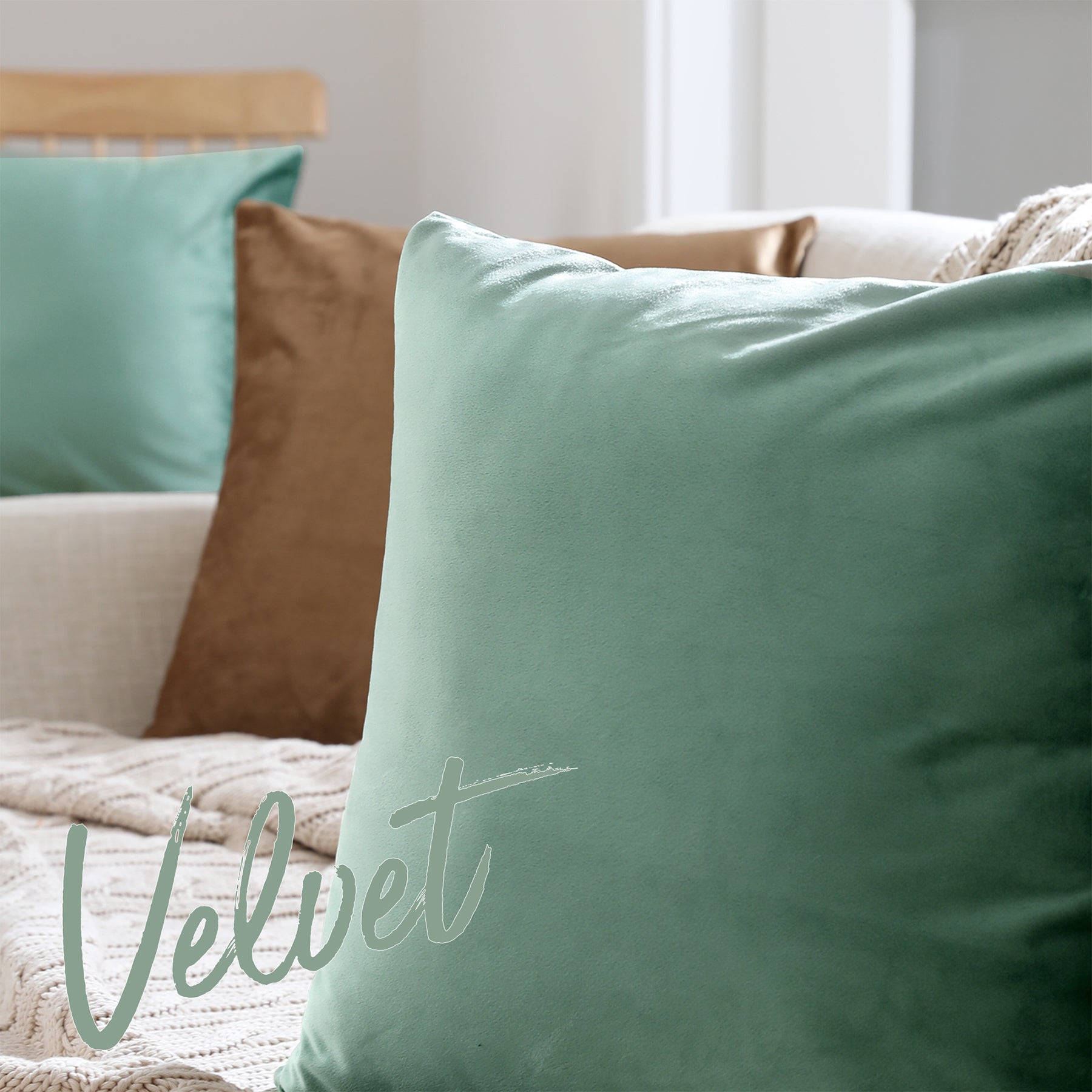 Deconovo Housse de coussin en velours néerlandais, coloris vert clair, 45 x 45 cm, 1 pièce