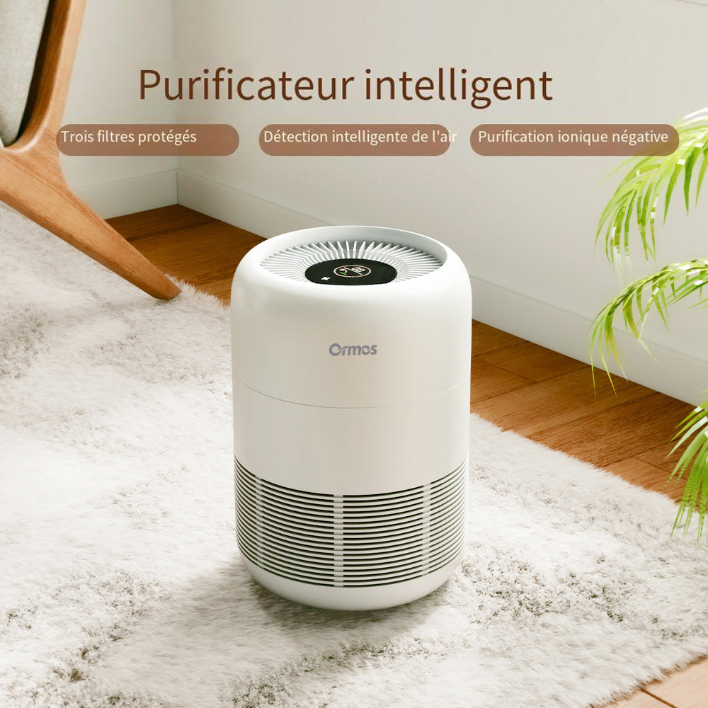 Ormos Purificateur d’air, CADR 150m³/h, Filtre HEPA H12 et charbon actif, capteur TVOC et PM2.5, pour chambre et salon