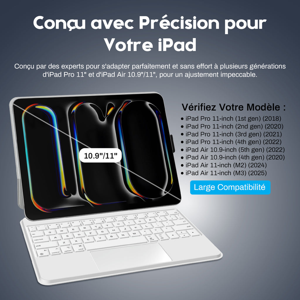 Rexsun Étui-clavier pour tablette – Conception flottante magnétique, housse de protection détachable, pavé tactile de précision pour iPad Pro 11 po/Air 10,9 po/11 po, modèle P11-2 (Blanc)