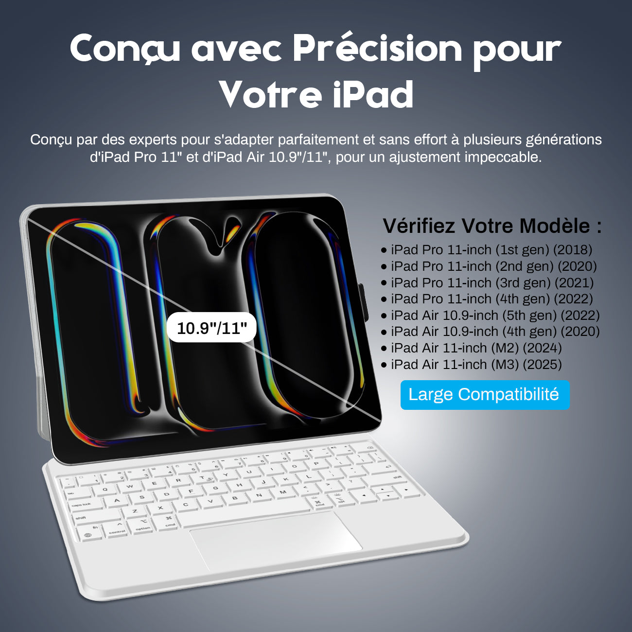 Rexsun Étui-clavier pour tablette – Conception flottante magnétique, housse de protection détachable, pavé tactile de précision pour iPad Pro 11 po/Air 10,9 po/11 po, modèle P11-2 (Blanc)