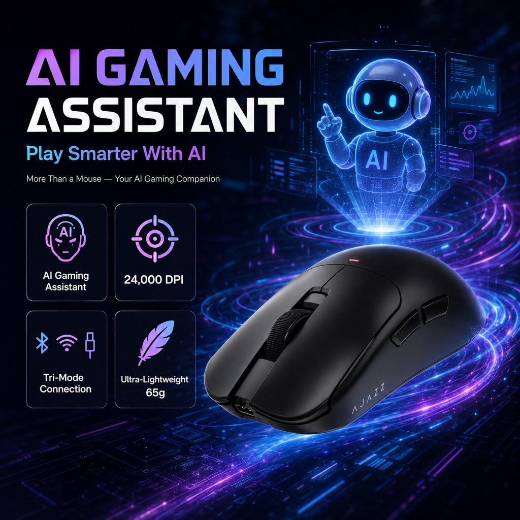 AJAZZ AJ200 AI MC Souris Gaming sans Fil avec Station de Charge, Assistant IA, Capteur PAW3311 24000 DPI, Tri-Mode BT/2,4G/USB-C, 63 g Légère Ergonomique pour PC Gaming Bureau