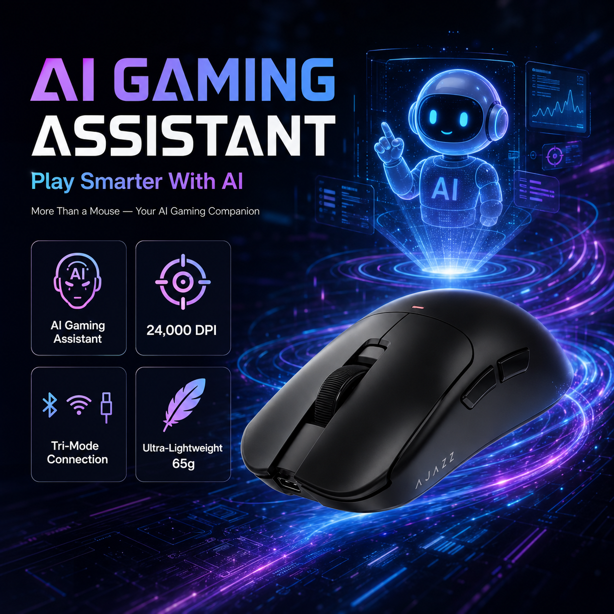AJAZZ AJ200 AI MC Souris Gaming sans Fil avec Station de Charge, Assistant IA, Capteur PAW3311 24000 DPI, Tri-Mode BT/2,4G/USB-C, 63 g Légère Ergonomique pour PC Gaming Bureau