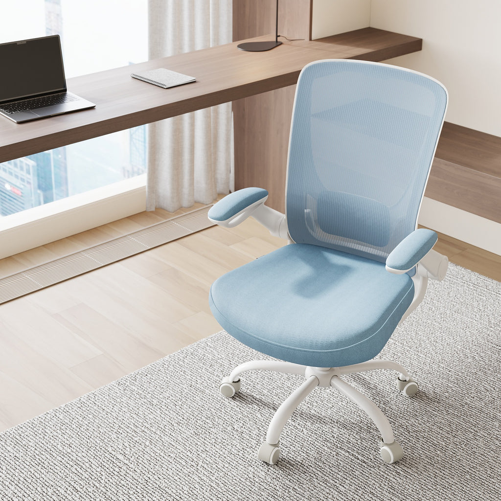 JOYFURNOS Chaise de bureau en maille, Chaise pivotante ergonomique, Accoudoirs rabattables, Bleu