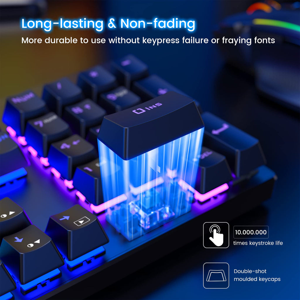 Clavier mécanique filaire 100 % ET, disposition QWERTY US, clavier filaire USB ultra-fin à rétroéclairage LED à 104 touches avec switch bleu
