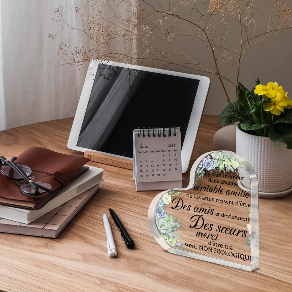 Alphynix 1 pc Plaque Cœur French Sisterhood, "Merci d'être ma sœur non biologique" Cadeau en cristal avec fleurs succulentes peintes à la main, Souvenir d'amitié spirituelle pour sœur d'âme