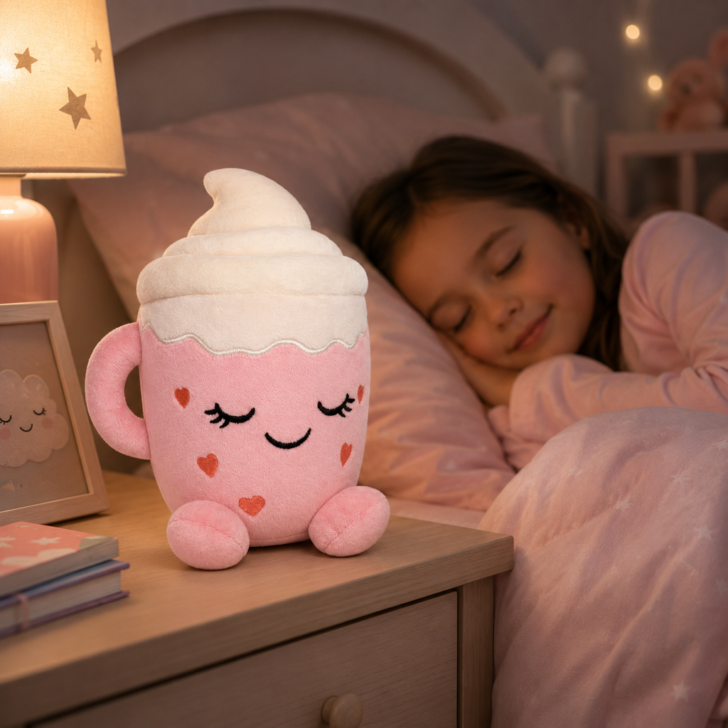 Flooffees Mug en peluche rose de Londres – Jouet en peluche mignon et doux avec nappage à la crème fouettée, 25 cm, compagnon de bureau câlin, décoration pour chambre et cadeau pour enfants