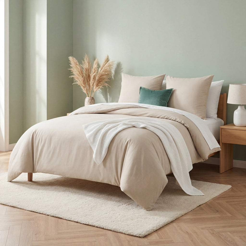 Parure de lit 4 pièces 135 x 200 cm - Beige - 2 housses de couette 135 x 200 cm et 2 taies d'oreiller 80 x 80 cm - Certifié Oeko-TEX - En microfibre de 90 % de polyester avec fermeture éclair, 90 % de polyester