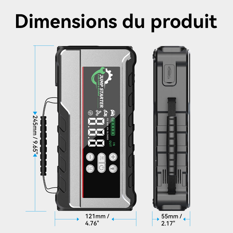 Porbi X11 Démarreur de Voiture avec Compresseur d'Air 3000A Démarreur de Voiture Portable, Booster de Batterie 24800mAh & Gonfleur de Pneus 150PSI