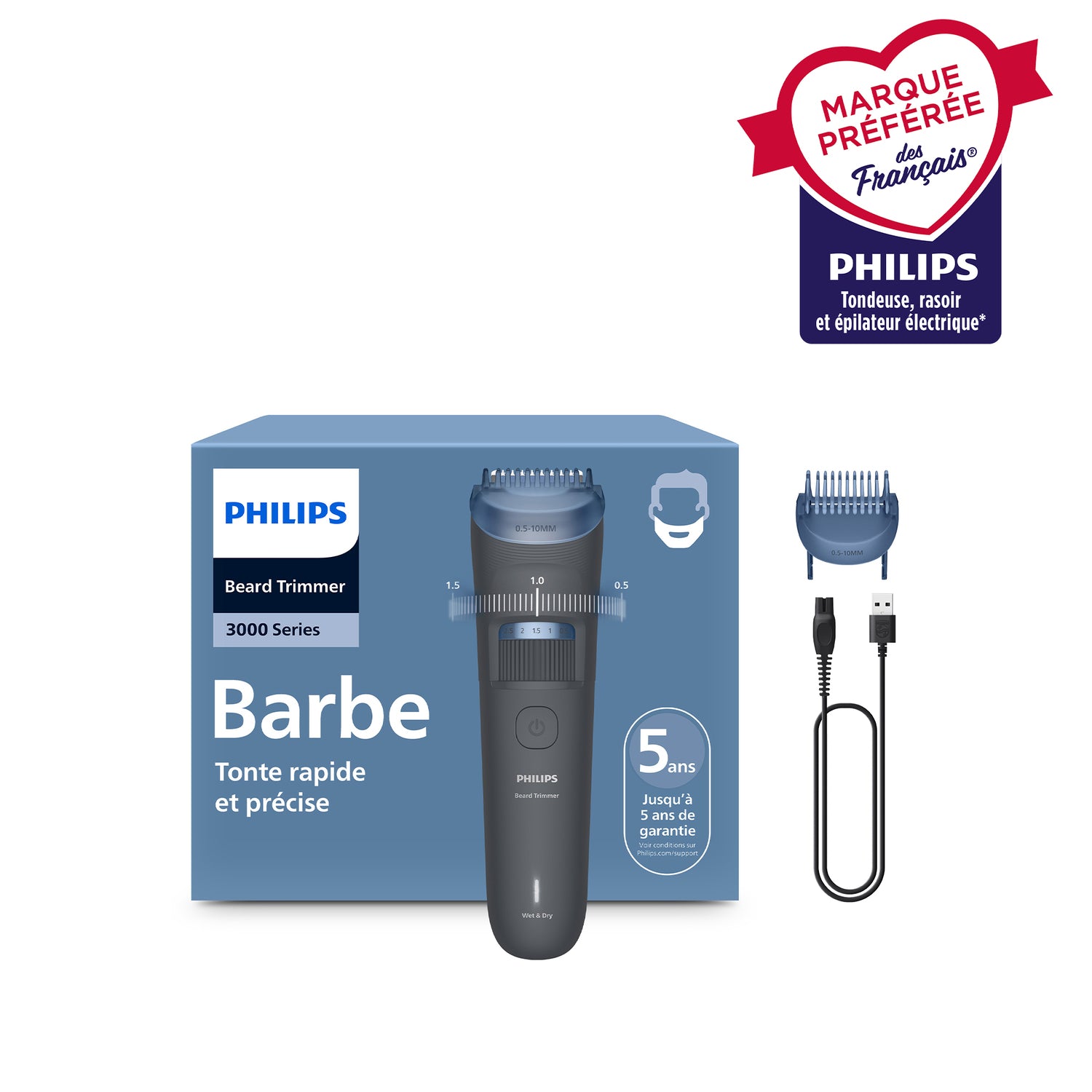 Philips Beard Trimmer Series 3000 BT3619/15 - Tondeuse à Barbe Rechargeable - 20 Hauteurs de Coupe - Lift & Trim - 100 % Étanche - Noir