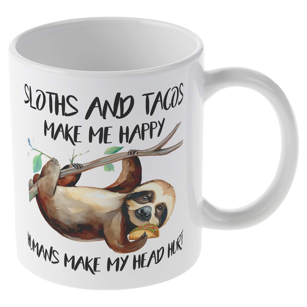 Alphynix Mug blanc 1 pièce 11 oz avec citation contrastée « Les paresseux et les tacos me rendent heureux » et illustration de paresseux suspendu avec taco