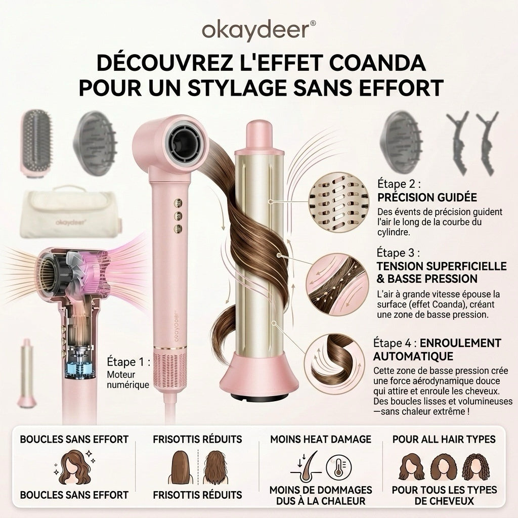 Okaydeer Set de Brosse Sèche-Cheveux Haute Vitesse 7 en 1 & Boucleur Auto-Enrouleur, Lisseur à Air Chaud Anti-Frisottis et Volumateur pour Cheveux Lisses et Brillants, Cadeau Rose avec Sac de Voyage