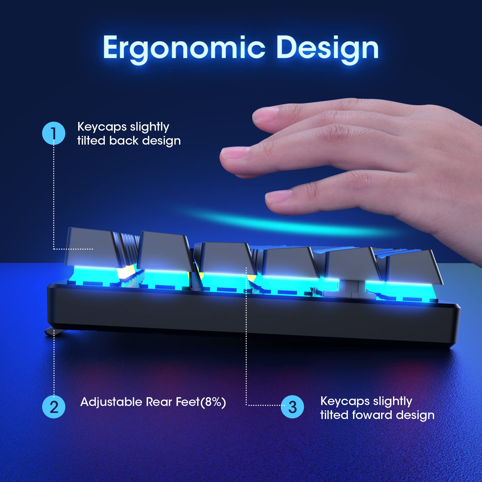 Clavier mécanique filaire 100 % ET, disposition QWERTY US, clavier filaire USB ultra-fin à rétroéclairage LED à 104 touches avec switch bleu