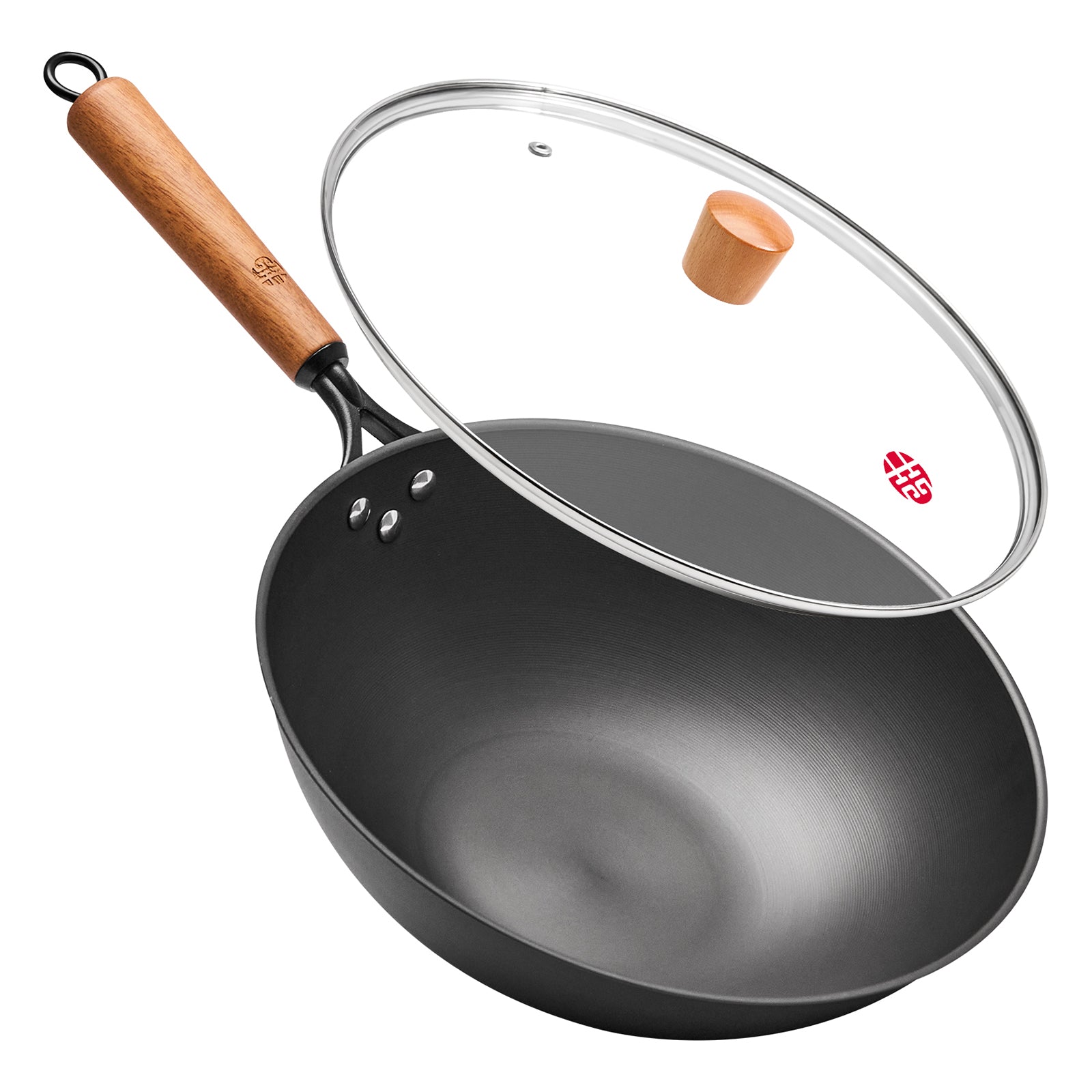 WANGYUANJI Wok en acier au carbone texturé à revêtement rotatif 12,6" avec couvercle en verre — Fond plat, sans revêtement, pour toutes les plaques de cuisson