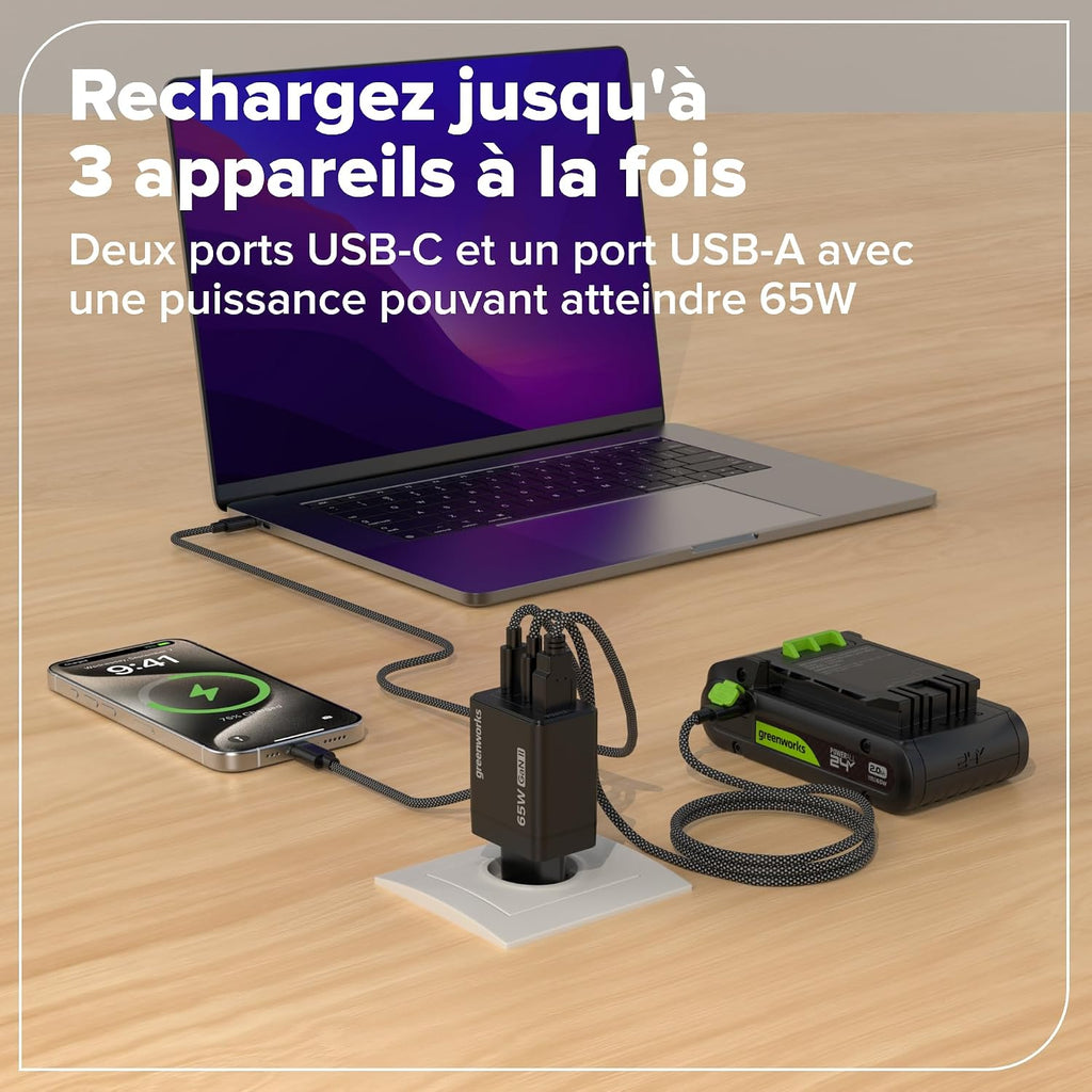 Greenworks Kit de Démarrage 24 V 1x Batterie USB HP 2 Ah + Chargeur 65 W + Câble 100 W 1 m