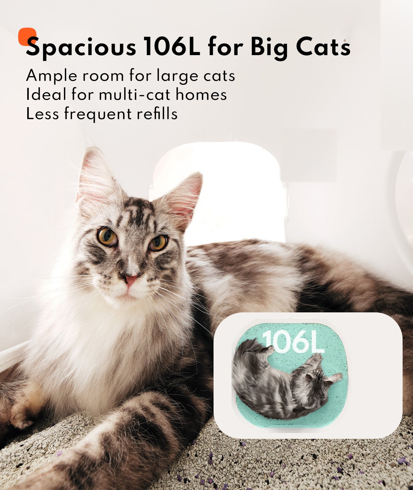 Homerunpet Bac à litière intelligent entièrement automatique CS106, XL (106 L), Recharge automatique, Conception sûre anti-écrasement, Convient aux chats de 10 kg et aux grands chats