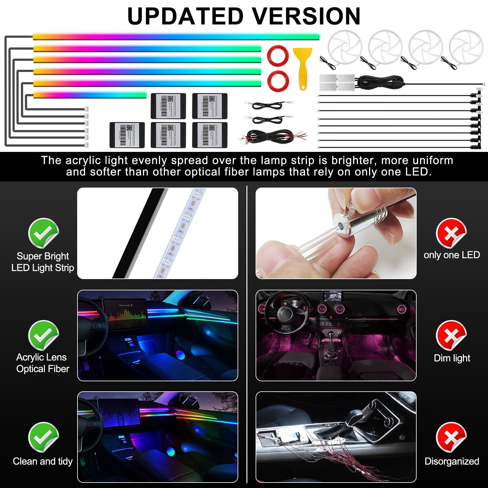 Bande lumineuse LED en acrylique pour intérieur de voiture Dreamcolor, contrôle sans fil via application, RGB 22-en-1, 175 pouces 600 fibres optiques, kit d’éclairage d’ambiance
