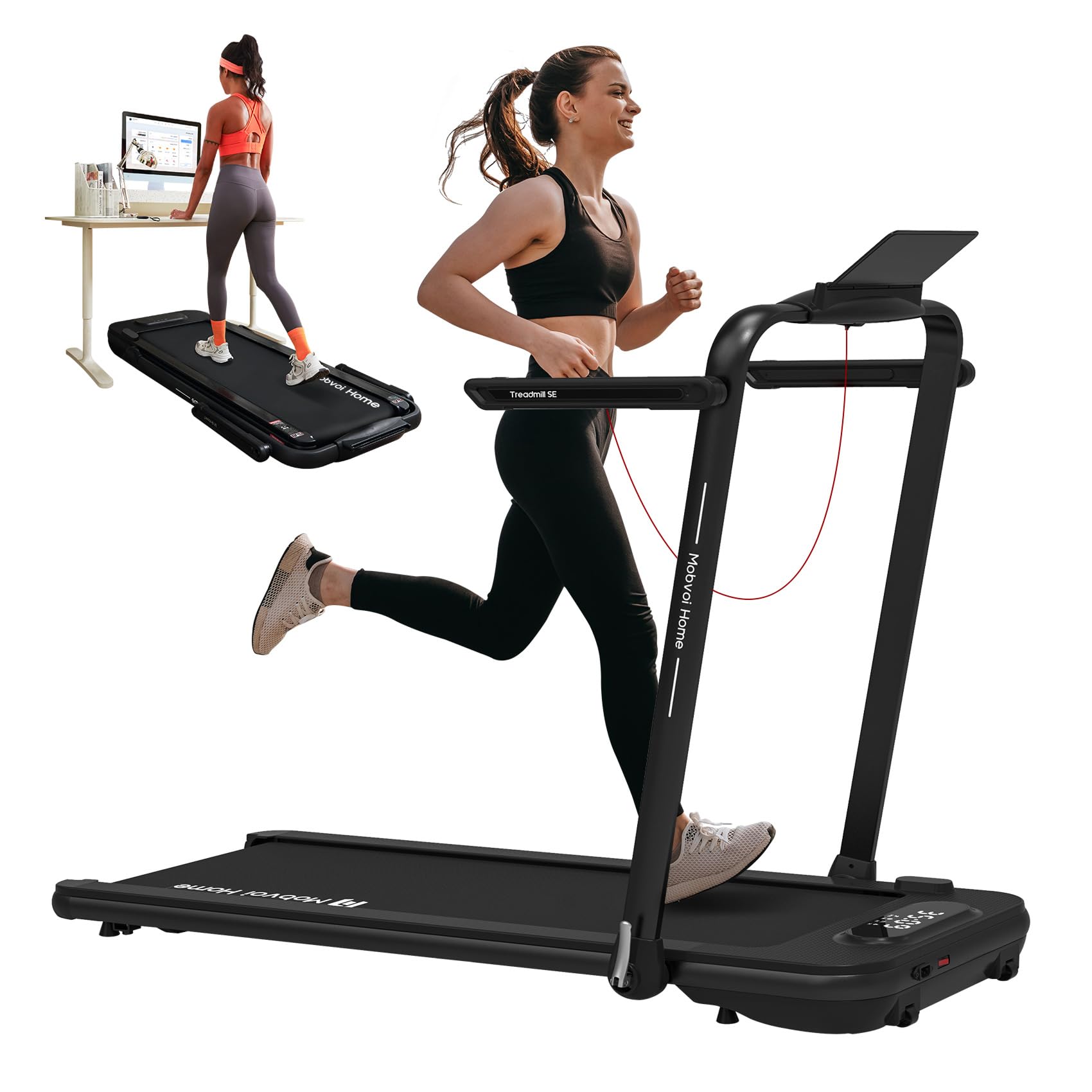 Mobvoi Tapis de course SE pliable 3-en-1, IA intelligente, 2,5 CV, compact, sous bureau, télécommande, application TicSports, rangement facile, 120 kg, 12 km/h, noir
