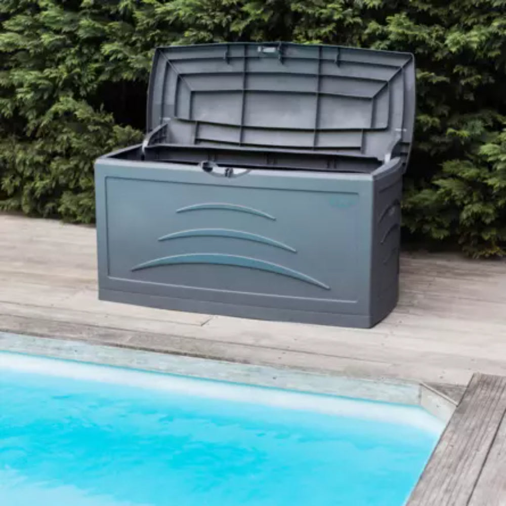 EDA Malle de jardin Gris anthracite SERENA 310 L Cadenassable avec roulettes - anti étouffement - anti UV Produit à monter sans outils Dim.121 x 55 x 66 cm
