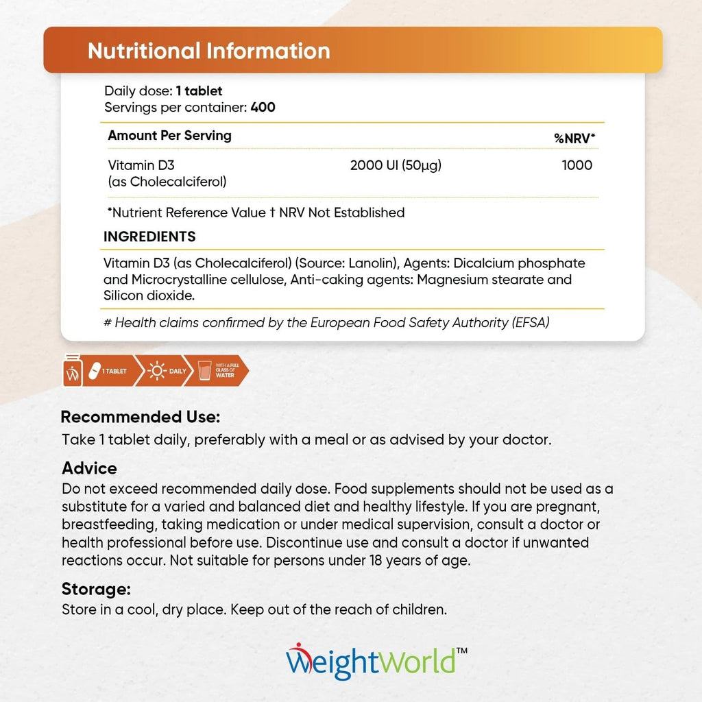 WeightWorld Vitamine D3 2000 UI 400 comprimés