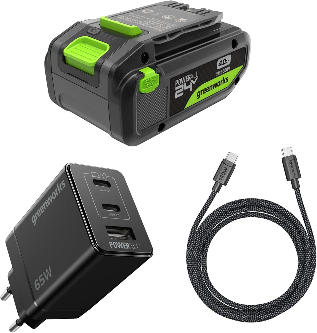 Greenworks Kit de Démarrage 24 V 1x Batterie USB HP 4 Ah + Chargeur 65 W + Câble 100 W 1 m